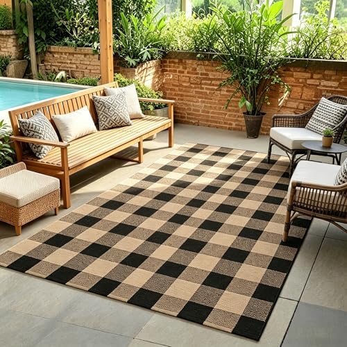 MUBIN Fall Decor Cotton Buffalo Plaid Rug, 4' x 6' Coffee Black Outdoor Rug Decorative Mat, Washable Large Doormat Hand-Woven Foldable Area Rug for Outdoor Patio Indoor Living Room Dining Room Kitchen - Image 5