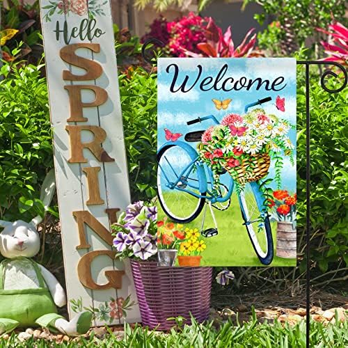 Texupday Welcome Blue Bicycle Flower Blooms Butterfly Decoration Spring Garden Flag Outdoor Yard Flag 12" x 18" - Image 5