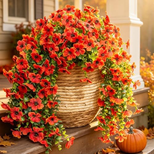 INSPRING Fall Fake Mums Artificial Flowers Hanging Decoration for Outdoors, 2Pcs Orange Daisy with Autumn Eucalyptus Leaves, Realistic Plants Decor, Silk Flower for Porch Patio Balcony Planter Yard by INSPRING