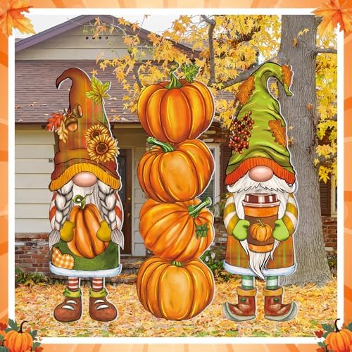 Umigy 3 Pcs Fall Gnome Yard Decor Cute Autumn Thanksgiving Gnome Yard Sign with Stakes 32 x 10 Inch Outdoor Lawn Decor, Outside Autumn Garden Decoration for Home Pathway Walkway - Image 3