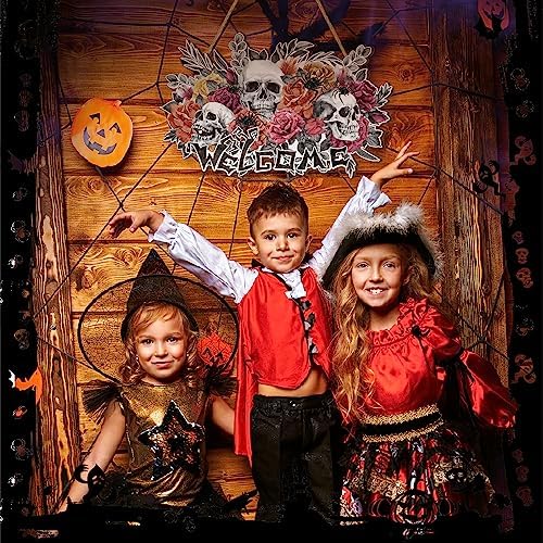 Huwena Halloween Wreaths for Front Door Sign Wooden Skull Rose Door Hanger Decoration Horror Skeleton Welcome Front Wreath Sign for Halloween Indoor Outdoor Decorations Party Supplies - Image 5