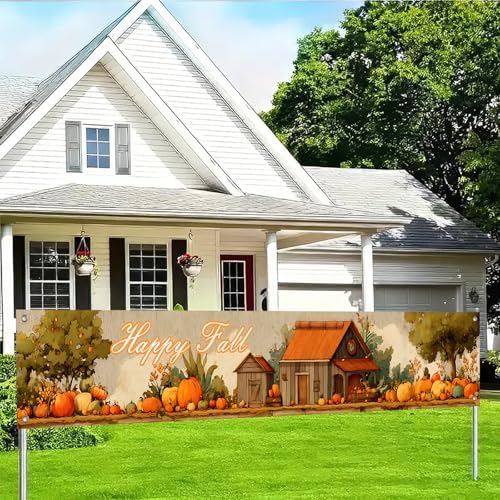 BlissYard Happy Fall Banner Farmhouse 118x20 Inch Rustic Country Farm Decorations Pumpkin Patch and Barnyard Scene for Autumn Thanksgiving Decor Create a Cozy Atmosphere with this Seasonal - Image 4