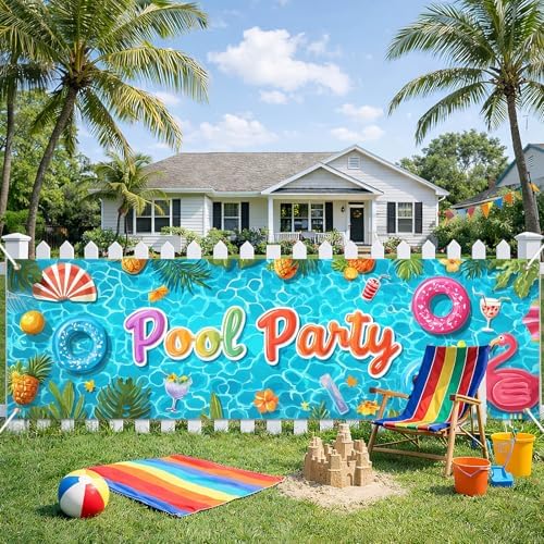 HOMETITUTE Pool Party Summer Outdoor Banner 10x3FT Large Tropical Beach Theme Backyard Party Decoration Flamingo Pineapple Poolside Patio Garden Birthday Indoor Outdoor Celebration Display Decor by HOMETITUTE