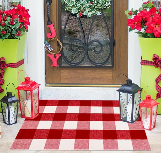 Red and White Front Door Mat 24"x35"Buffalo Plaid Christmas Outdoor Rug - Image 6