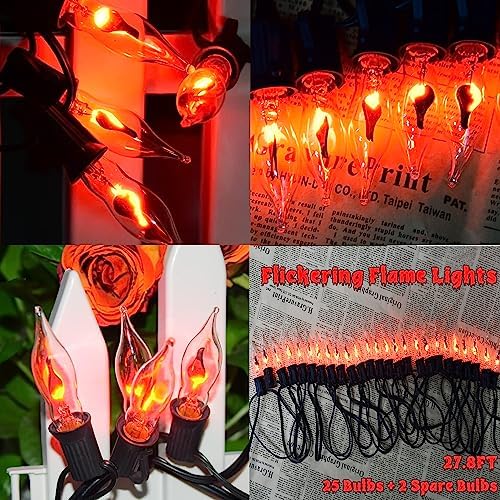PASUTO 27.8Ft Halloween Decor Lights Flickering Flame String Lights with 25+4 Pack Clear Glass Flame Light Bulbs for Fall Decor Halloween Decorations Indoor Outdoor Home Party Fireplace, E12 Base - Image 4