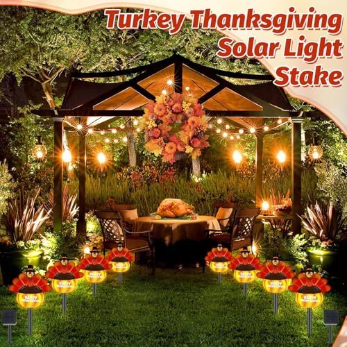 2 Sets 4-in-1 Thanksgiving Turkey Pumpkin Solar Lights Outdoor Decoration Fall Lights Decorative Hand Painted Yard Stakes Solar Powered Turkey Pumpkin Solar Lights For Lawn Pathway Yard Walkway Porch - Image 6