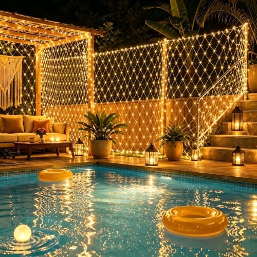 YEGUO Net Lights Outdoor Mesh Lights, 12ft x 5ft 360 LED Warm White String Light Outdoor Waterproof for Pool, 8 Modes Connectable Clear Wire Christmas Bush Light Plug in - Image 2