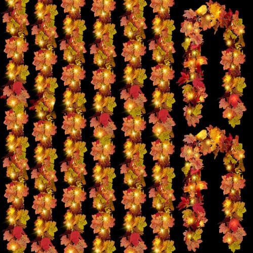 CQURE 8 Pack Fall Leaf Garland with Lights,Fall Decor Halloween Lights Artificial Maple Leaves Autumn Garland Hanging Vines Thanksgiving Decor for Home Christmas Autumn by CQURE