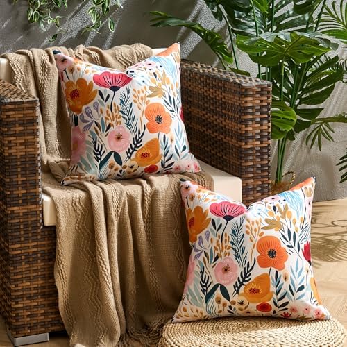 Outdoor Pillows Covers Waterproof 20x20 Floral Couch Patio Waterproof Outdoor Pillow Covers Wildfloral Set of 2 Multicolor Orange and Pink Flowers Leaves Beauty Floral Blossom Garden Cushion Case - Image 6