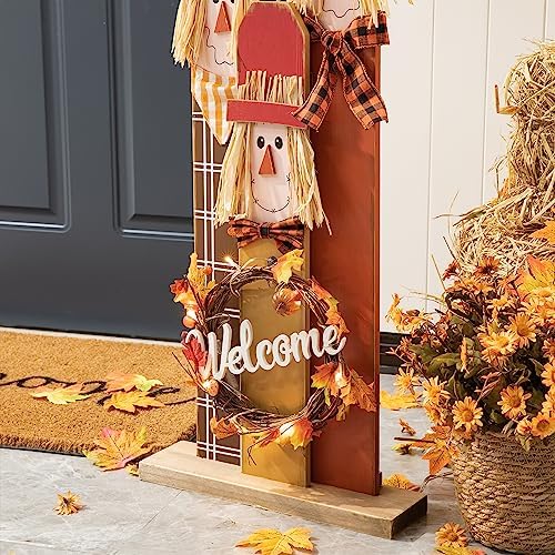 Glitzhome Fall Wooden Scarecrow Family with Wreath Porch Decor, Rustic Fall Harvest Scarecrow Yard Sign, Farmhouse Porch Sign Standing Decor for Fall Harvest Autumn Thanksgiving - Image 5