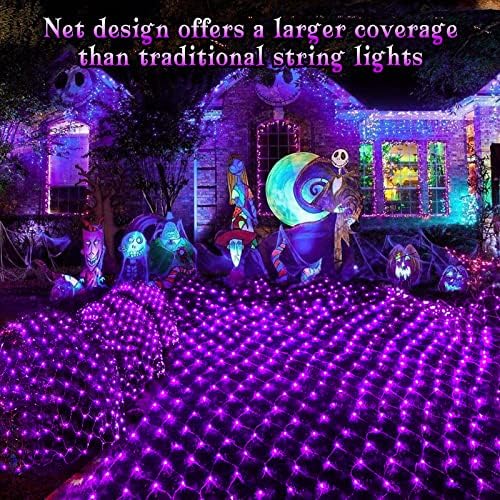 BlcTec Halloween Net Lights, 200 LED 8.4ft x 5.2ft Purple Halloween Lights with 8 Modes, Timer, Connectable, Waterproof and Green Wire Design for Trees, Bushes Outdoor Decorations - Image 5