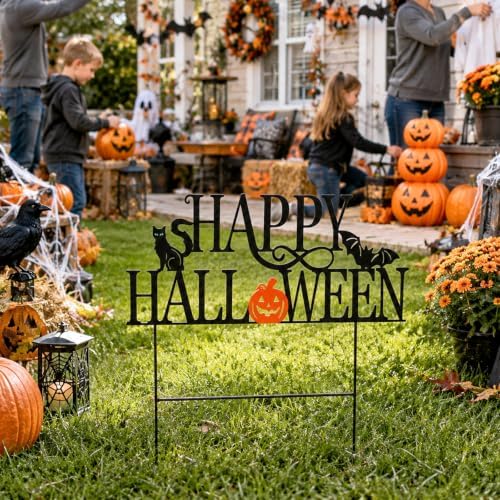 Amyhill Halloween Happy Sign Metal Garden Stakes Halloween Spooky Pumpkin Lantern Bat Cat Outdoor Yard Decorations with Stakes Decor for Indoor Home Lawn Porch Backyard Holiday Decor - Image 2