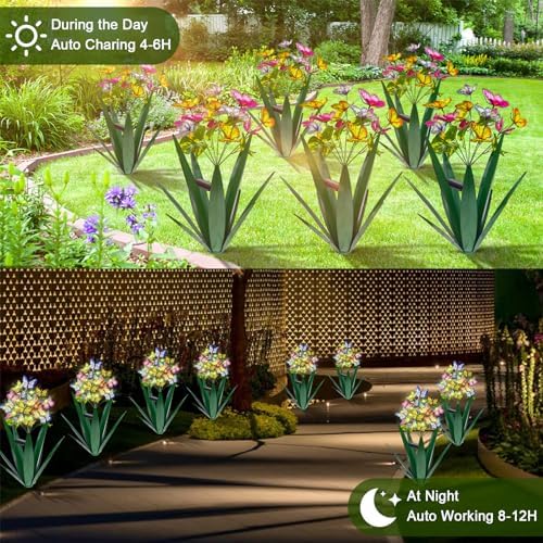 Homight Solar Metal Agave Butterfly Flower Stick Garden Sculpture - Outdoor Christmas Lights With Swaying Butterfly Sunflower - Solar Outdoor Gift (3 PCS Green) - Image 4