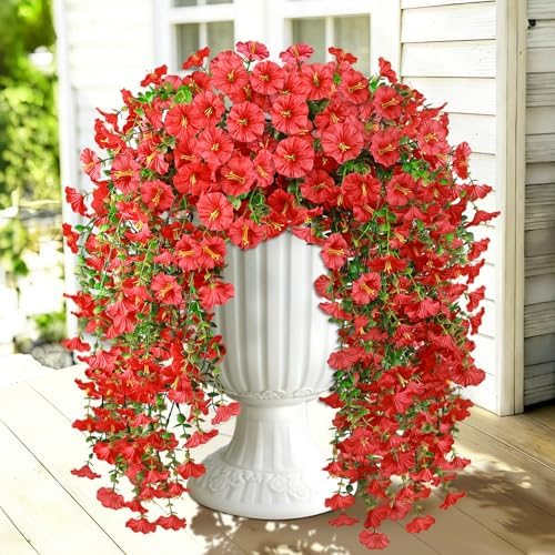 Artificial Hanging Flowers for Outdoors, 2 PCS 300 Blooms UV Resistant Morning Glory Faux Silk Vines, No-Odor Realistic Fake Plants for Garden Planter Porch Patio Decoration, Red by JulakoOnline