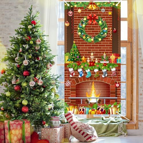 Christmas Door Cover Fireplace Decoration Xmas Large Photography Background Banner Porch Sign for Winter Indoor Outside Front Door Banner Farmhouse Party Supplies 6 x 3 Feet Fireplace - Image 6