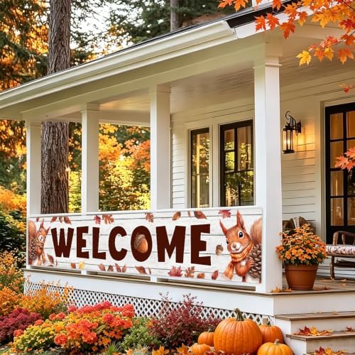 Welcome Fall Banner Happy Fall Yard Banner Squirrel Pinecones Outdoor Decor - Image 4