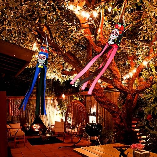 NOVWANG 2 Pcs Day of The Dead Windsocks, Dia de Los Muertos Wind Socks Day of The Dead Hanging Windsock Flag Decoration for Garden Yard Porch Backyard Patio Decor - Image 5