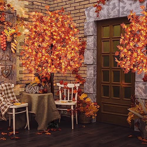 7FT 170 LED Lighted Maple Tree - Thanksgiving Decor Artificial Fall Tree with 17 Branches, 17 Acorns 340 Leaves, Remote 8 Flashing Modes, Timing, DC 5V Safe for Outdoor Wedding Party Autumn Decor - Image 7