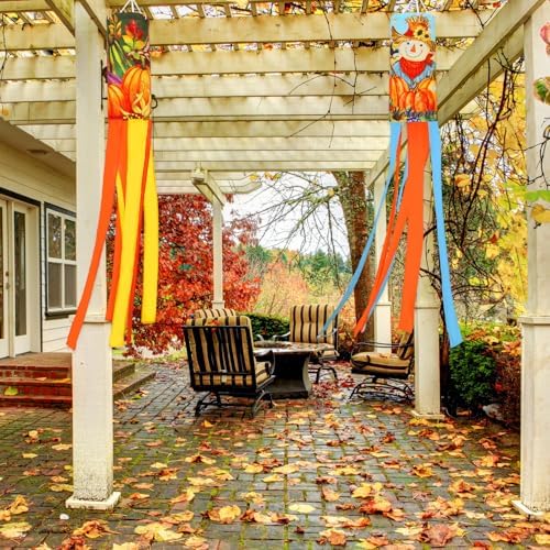 NOVWANG 2 Pcs Fall Windsocks, Scarecrows Pumpkins Wind Socks Autumn Windsocks Thanksgiving Outdoor Hanging Scarecrow Decorations for Home Farmhouse Garden Yard Decor - Image 5