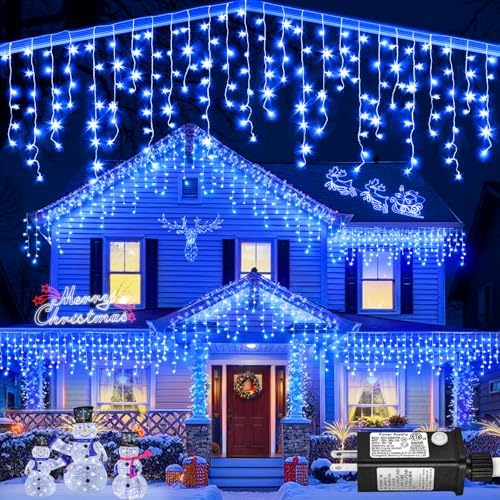 132ft Icicle Lights for Outside, 1280 LED Blue Christmas Lights Outdoor with 240 Twinkle Drops, 8 Modes Plug in Waterproof Timer Memory for Tree Wedding Party House Patio Eave Yard Holiday Decoration by Nielfoi