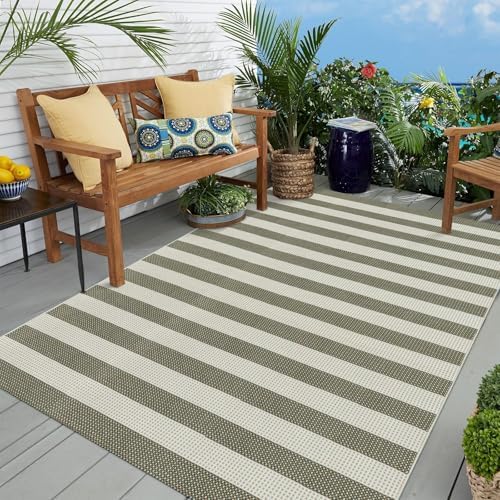 OJIA Outdoor Patio Rug 5'x7' Striped Washable Camping Rug Outdoor Carpet by OJIA