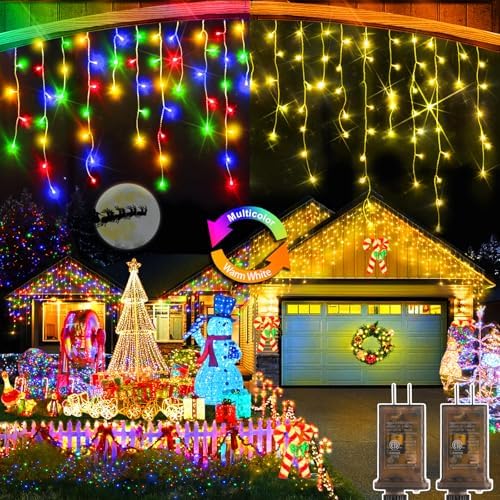 Color Changing Christmas Lights, 2 Pack Total 98FT 960 LED Ice Lights for Outside with 180 Drops, 11 Modes Warm White to Multicolor Ice String Lights for Christmas Eaves Party Decorations by Heceltt