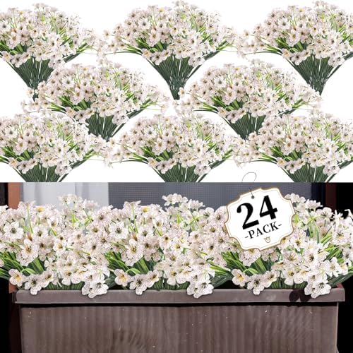 ColoPlay 24 Bundles White Artificial Flowers for Outdoors, Fake Flowers by ColoPlay