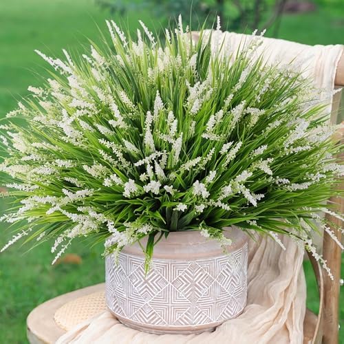 Artificial Fake Outdoor Plants Flowers for Summer Decoration,10 Bundles Faux Plastic Tall Monkey Grass Greenery UV Resistant Realistic for Home Outside Planter Window Porch Patio Garden-White by HyeFloraartificialflowers