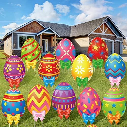 Amyhill 12 Pcs Easter Outdoor Yard Decoration Eggs Garden Lawn Stake Signs with Stakes and Bow Waterproof Corrugated Easter Outdoor Decoration for Patio Lawn Walkway Spring Party Decorations, 12 Style - Image 6