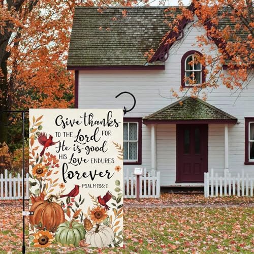 Baccessor Fall Pumpkin Garden Flag Double Sided 12.5x18 Inch, Autumn Thanksgiving Cardinal Give Thanks to The Lord Flag Seasonal Farmhouse Holiday Yard Outdoor Outside Decoration - Image 2
