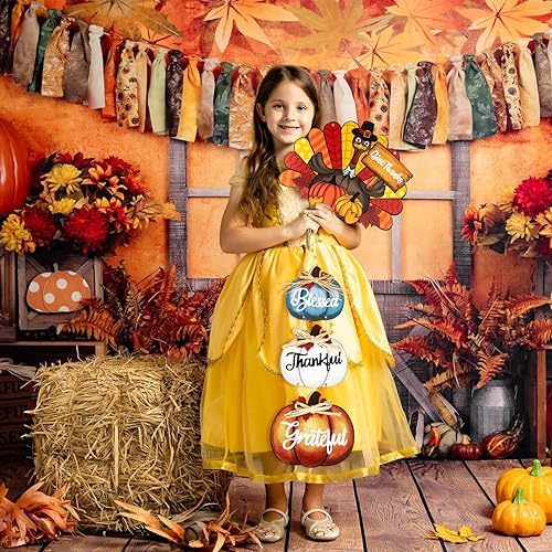 Thanksgiving Decoration Wood Pumpkin Turkey Door Wall Wreath for Front Door Sign Thankful Blessed Grateful, Pumpkin Sign for Fall Autumn Harvest Home Thanksgiving Party Outdoor Halloween Decoration - Image 3
