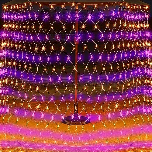 LJLNION Halloween Net Lights, 360 LED 12ft x 5ft Connectable Mesh Fairy String Lights, 8 Modes Low Voltage Safe Adaptor for Xmas Trees Bushes Wedding Outdoor Garden Yard Decorations, Orange & Purple - Image 5