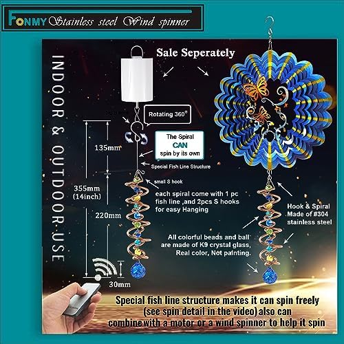 FONMY Gazing Ball Spiral Tail -Decorative Wind Spinner Sun Catcher Rainbow Maker Copper Double-Spiral W/Sea Blue Crystal Ball and Chain Crystals Beads for Indoor Outdoor Garden Decoration -14 inch H - Image 6