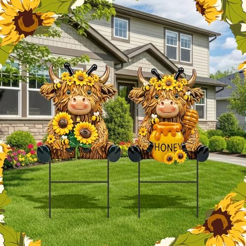 Amyhill 2 Pcs Highland Cow Outdoor Decor, Sunflower Bee Metal Garden Stakes, Honey Themed Yard Signs for Spring Summer, Patio Lawn Walkway Decorations, Cute Cow Gifts for Garden Lovers - Image 4