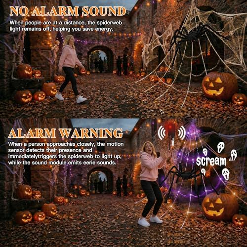 [Motion Activated Lighting&Speaking] 5Ft Giant Spider 20 * 17FT Halloween Spider Web 150 Led Purple&Orange Lights Light Up Lighted Waterproof with 200sqft Cobweb for Outdoor Decor Yard Decoration - Image 2