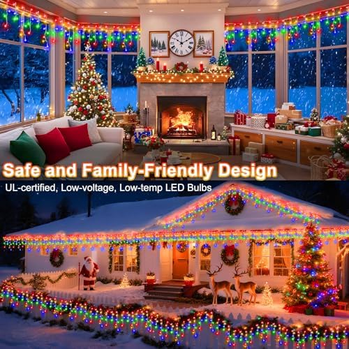 KNONEW Christmas Lights Outdoor Decorations 400 LED 33ft 8 Modes Curtain Fairy String Light with 75 Drops, Clear Wire LED String Light for Wedding Party Holiday Christmas Decorations Multicolor - Image 3