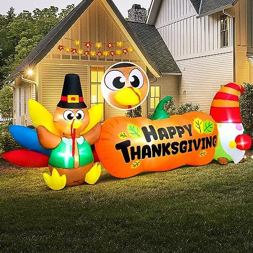 8FT Thanksgiving Inflatables Outdoor Decoration Inflatable Turkey Pumpkin Gnome, Built in LED Lights Blow Up Yard Decorations for Fall Holiday Party Garden Lawn Décor - Image 2