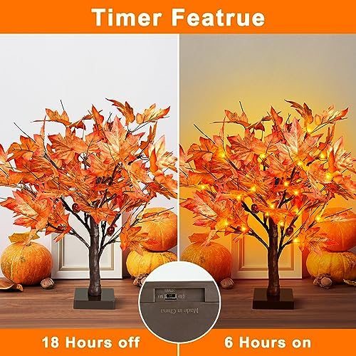Remon 36 LED Lighted Fall Maple Tree - 1.5FT Thanksgiving Tabletop Lamp Decor with, 72 Maple Leaves, 6 Acorns, Timer Battery Operated 18 Inch Burlap Base Fall Artificial Tree for Autumn Decorations - Image 2