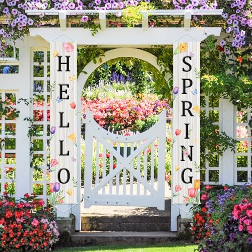 Hello Spring Banner Decorations Set of 2, 11.8" x 71" Spring Floral Porch Banners, Hello Spring Sign Decorations for Front Door Porch Wall Yard Party Supplies Indoor Outdoor Decoration (White) - Image 2
