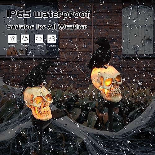 Halloween Solar Pathway Lights - Solar Halloween Skull Stake Lights Decorations Outdoor - 2PCS Waterproof Resin Skeleton Crows Decor for Outside Yard Garden Lawn - Image 5