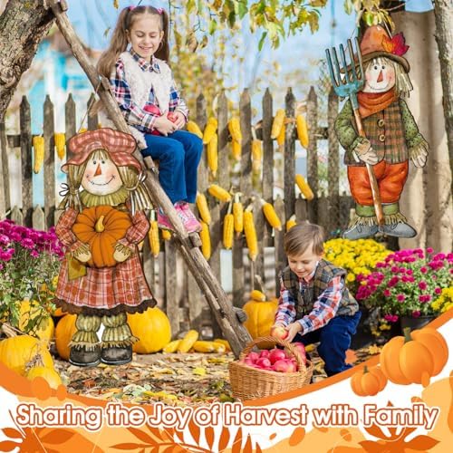 Barydat 2 Pcs Fall Scarecrow Hanging Sign Wooden Door Decor - Image 4