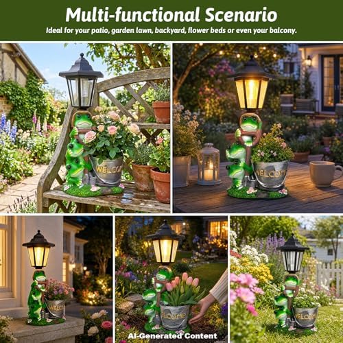 Solar Frog Outdoor Garden Statue with Flowerpot & Lantern - Image 3