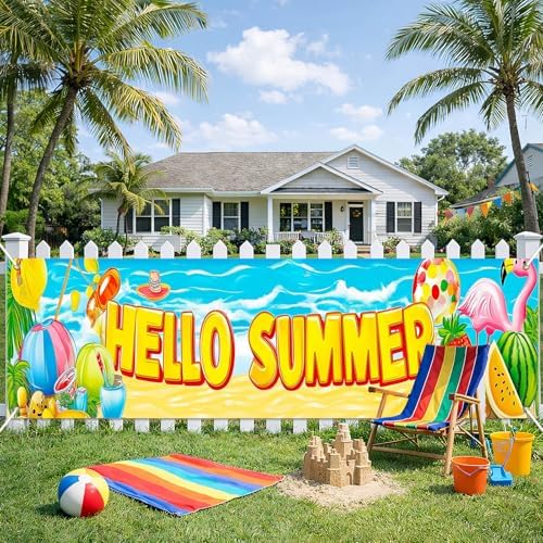 HOMETITUTE Hello Summer Outdoor Banner 10x3FT Large Beach Theme Backyard Party Decoration Tropical Pool Party BBQ Patio Garden Welcome Summer Indoor Outdoor Celebration Display by HOMETITUTE