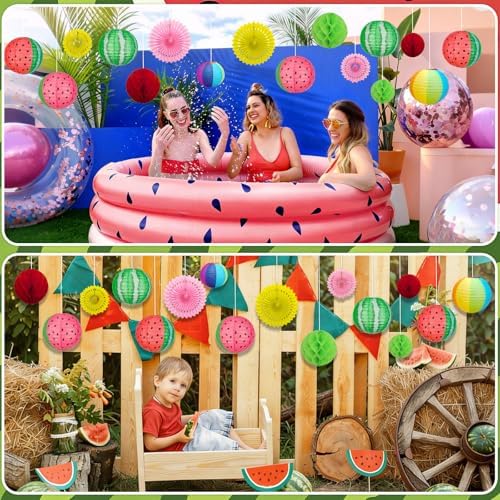 14PCS Summer Pool Party Decorations Set, Watermelon Paper Lanterns Honeycomb Balls Paper Fans for Beach Luau Hawaiian Birthday Party, Hanging Decor for Home & Party Planners - Image 7