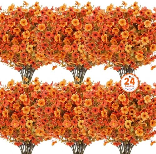 24 Pcs Artificial Fall Flowers Fake Mums for Outdoor Decorations, Mixed by OuddyDecor