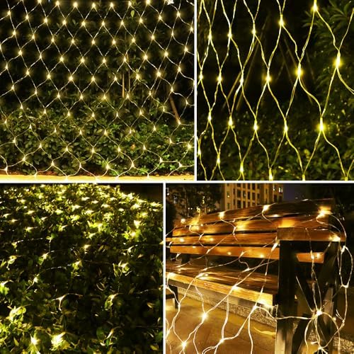 Net Light Outdoor Mesh Christmas Decorations, 100LED String Light Plug in Connectable Tree Warp Hanging 5ft x 5ft for Halloween, Shrubs, Lawn, Backyard, Walkway, Bushes, Garden Decor-Warm White - Image 2