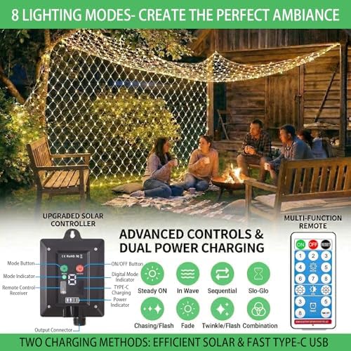 Pooqla Solar Net Lights, 10x10ft 280LED Gazebo Net Lights Outdoor with 8 Modes, Solar & USB Powered Waterproof String Lights Clear Wire, Chandelier for Pergolas, Patio, Bush, Backyard Decor Warm White - Image 2