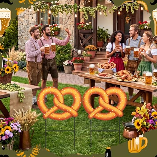 Amyhill 2 Pcs Oktoberfest Pretzel Yard Sign Stakes, 25 Inch Metal Beer Festival Outdoor Decor, German Bavarian Party Yard Signs, Oktoberfest Themed Patio Lawn Walkway Decorative Garden Stakes - Image 2
