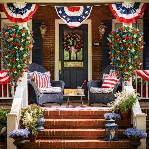 6 Pcs Artificial Hanging Morning Glory Flowers, Red White and Blue Patriotic Hanging Plants, 30 Inch Independence Day Decorations for Outside Porch Patio Outdoor Home Decor - Image 4