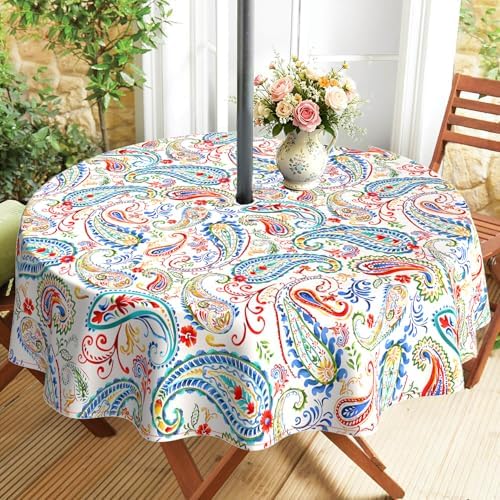 Outdoor Tablecloth with Umbrella Hole and Zipper, Round Patio Table Covers for Spring/Summer, Machine Washable Outdoor Picnic Table Cloth (Paisley, 60" Round) by Virtumob